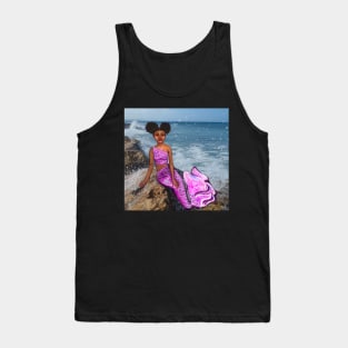 Coco the Magical rainbow mermaid with brown eyes, Afro hair in two puffs and caramel brown skin Tank Top